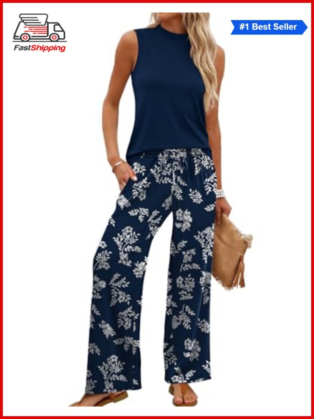 ✨ WIHOLL Two Piece Set Women Mock Neck Sleeveless Wide Leg Pants Travel